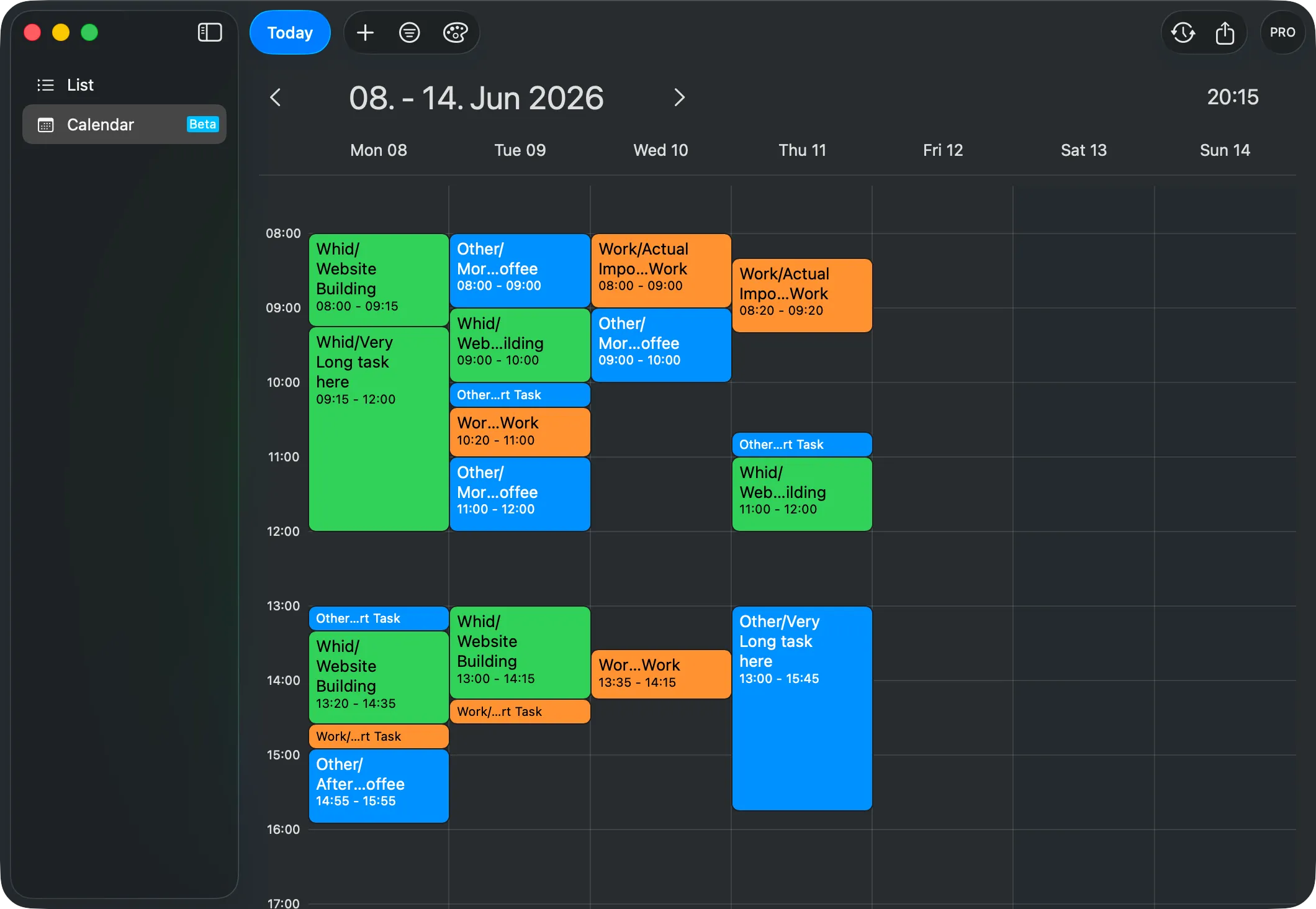 Whid weekly calendar view laying out every tracked time entry on a week grid
