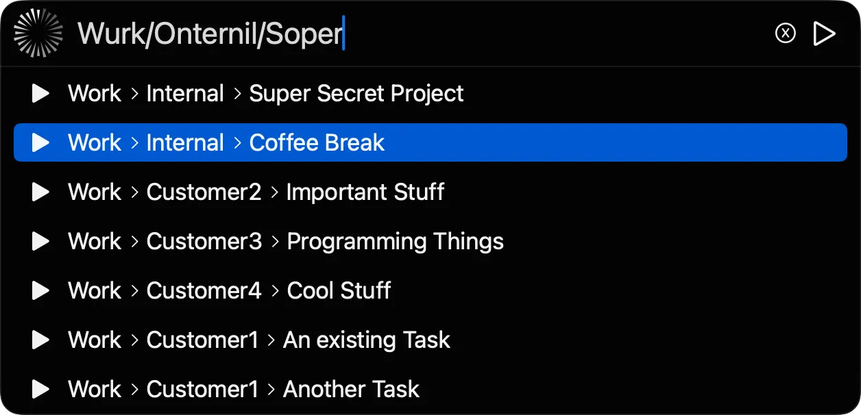 Whid compact tracker window on macOS, finding a task with fuzzy search as you type