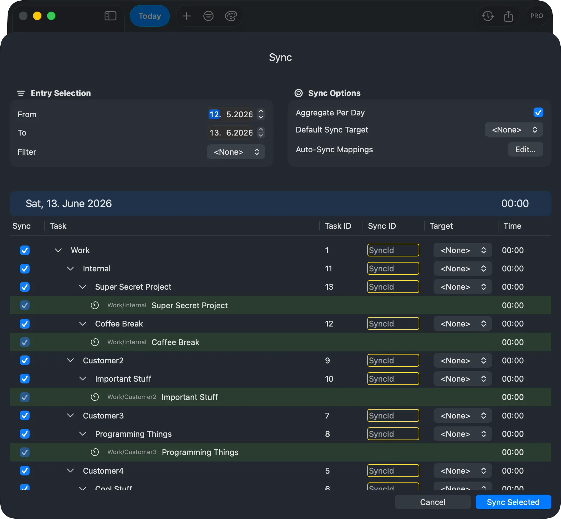 Whid sync window mapping tracked tasks to a project management tool like Jira or Asana