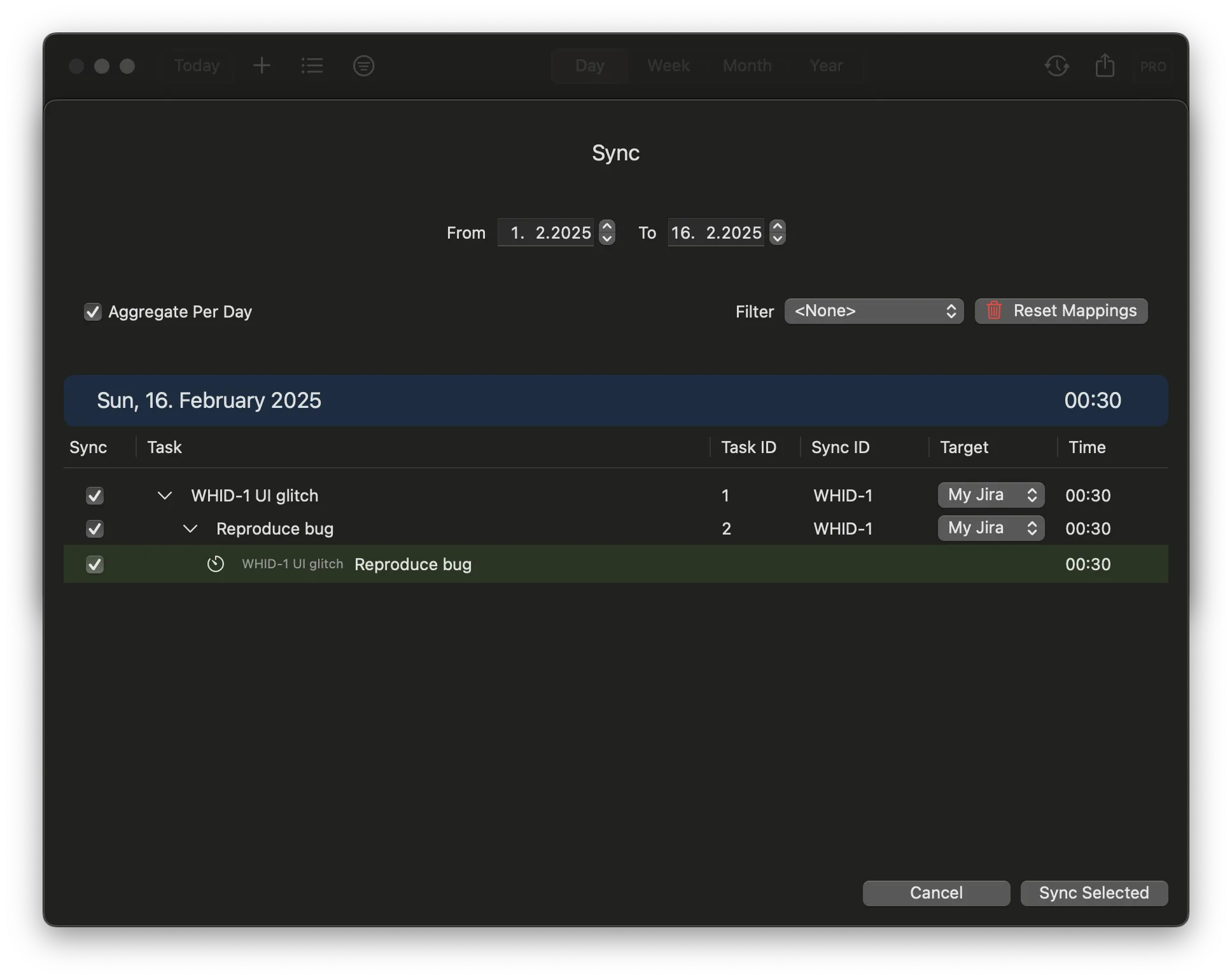 The sync overlay, with a sync ID and target system set for each task before syncing