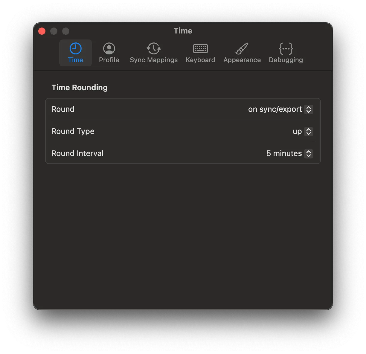 The Time tab of Whid's Settings, showing the time-rounding options