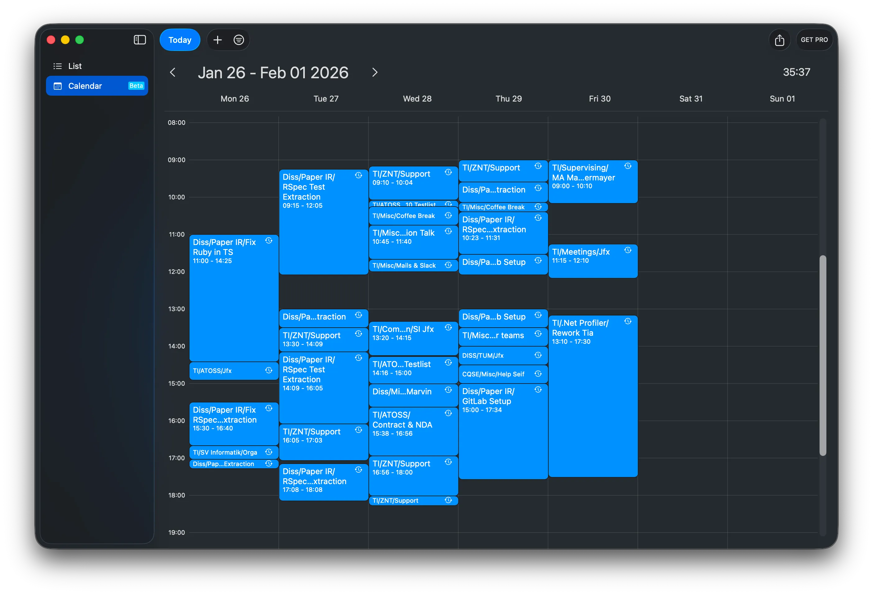 The weekly calendar view, with tracked entries laid out on a day-by-hour grid