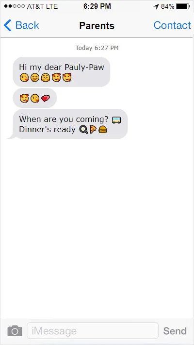 Text message from Paul's parents: "Hi my dear Pauly-Paw 🥰🥰❤️ When are you coming? Dinner's ready 🍔"