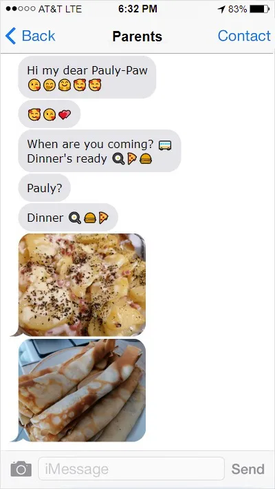 Text message from Paul's mother: "Pauly? Dinner 🍔🍕" followed by two photos of dinner and pancakes