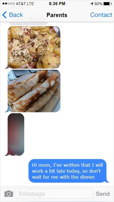 Text thread: an accidental photo of the inside of a pocket from Paul's mother, and Paul's reply: "Hi mom, I've written that I will work a bit late today, so don't wait for me with the dinner."